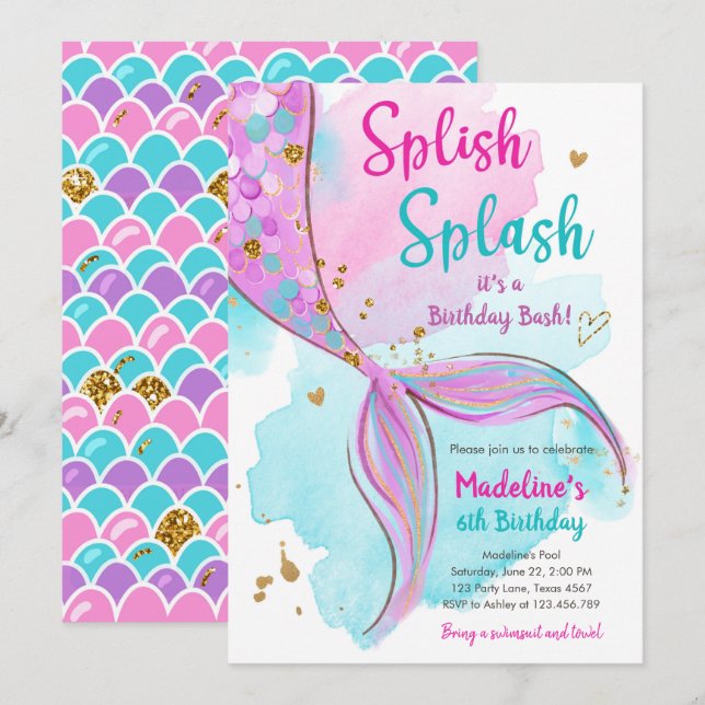 Mermaid Splish Splash Birthday Bash Girl Gold Invi Invitation (Front/Back)