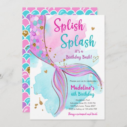 Mermaid Splish Splash Birthday Bash Girl Gold Invi Invitation