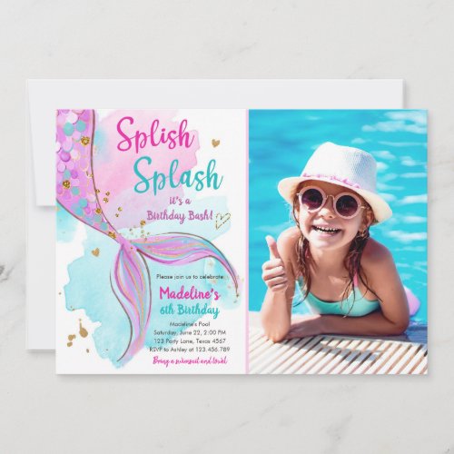 Mermaid Splish Splash Birthday Bash Girl Gold Invitation