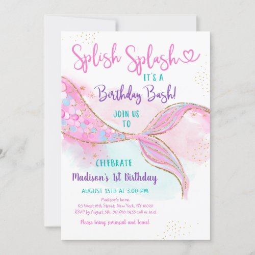 Mermaid Splish Splash Pink Gold Birthday Invitation