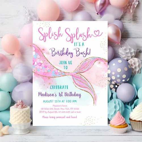 Mermaid Splish Splash Pink Gold Birthday Invitation