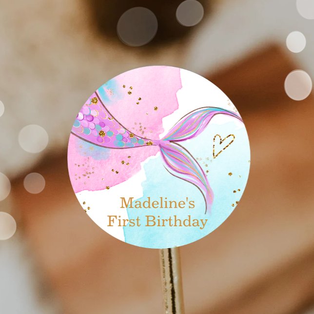 Mermaid Splish Splash Pool Party Girl Birthday Classic Round Sticker (Creator Uploaded)