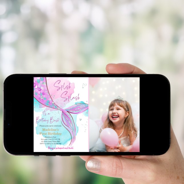 Mermaid Splish Splash Pool Party Girl Birthday Inv Invitation (Front Digital)