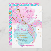 Mermaid Splish Splash Pool Party Girl Birthday Inv Invitation