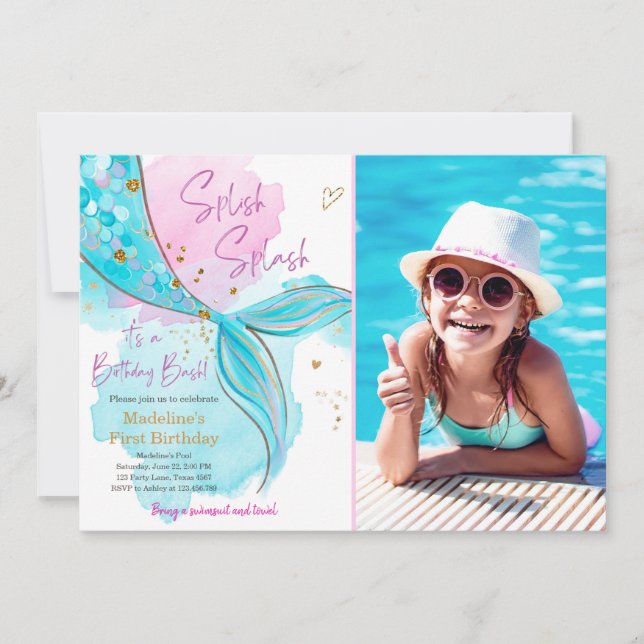Mermaid Splish Splash Pool Party Girl Birthday Inv Invitation (Front)