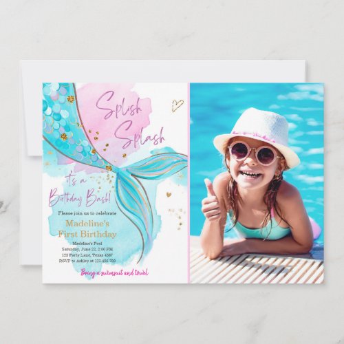 Mermaid Splish Splash Pool Party Girl Birthday Inv Invitation