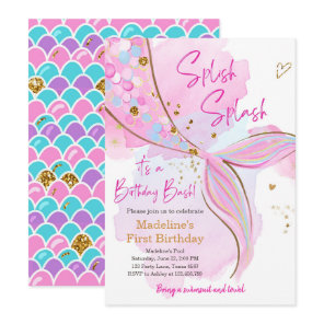 Mermaid Splish Splash Pool Party Girl Birthday Inv Invitation