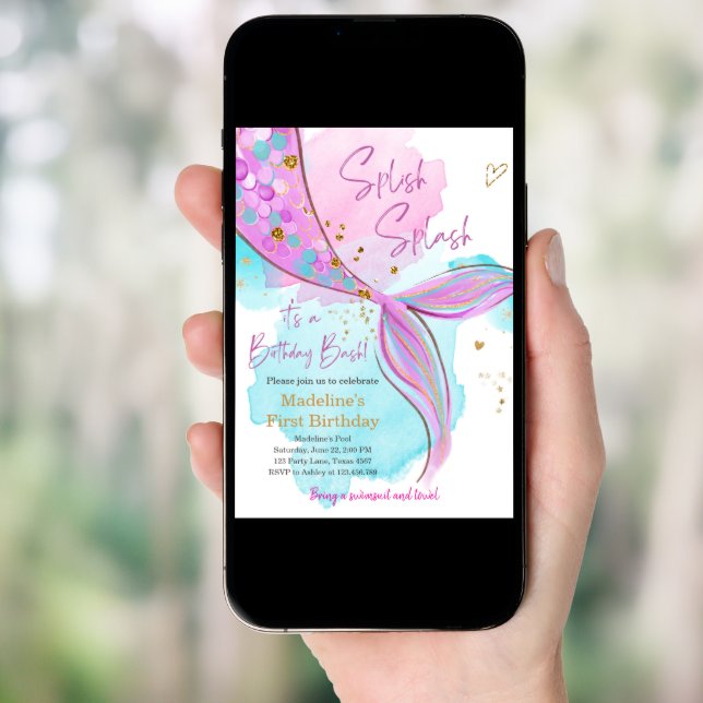 Mermaid Splish Splash Pool Party Girl Birthday Invitation (Front Digital)