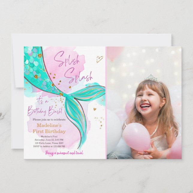Mermaid Splish Splash Pool Party Girl Birthday Invitation (Front)