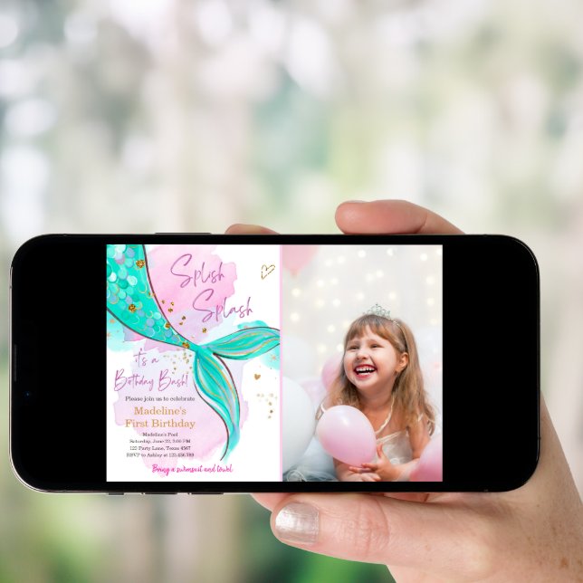 Mermaid Splish Splash Pool Party Girl Birthday Invitation (Front Digital)