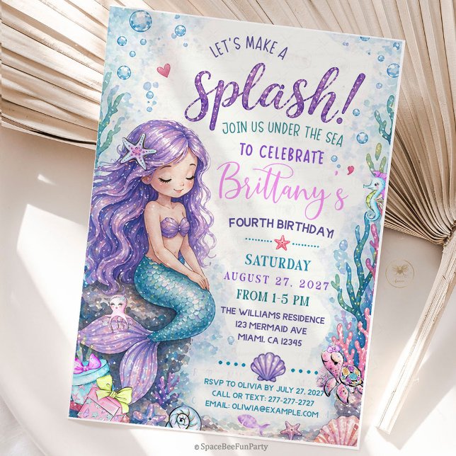 Mermaid Splish Splash Under the Sea  Invitation (Make a splash with this adorable Mermaid “Splish Splash Under the Sea” Birthday Invitation — perfect)