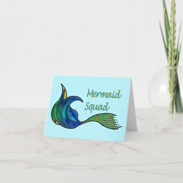 Mermaid Squad in vivid greens on Note Card (Front)