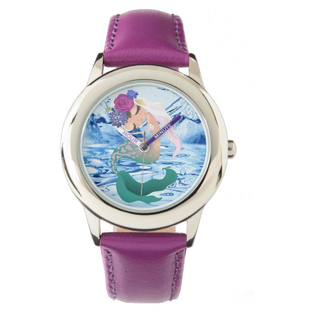 Mermaid - Stainless Steel Pink Leather Strap Watch (Front)
