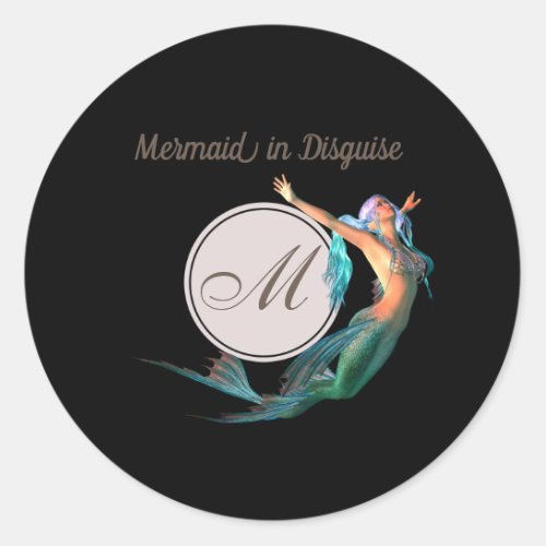 Mermaid Summer Monogram Black Modern Chic Classic Round Sticker