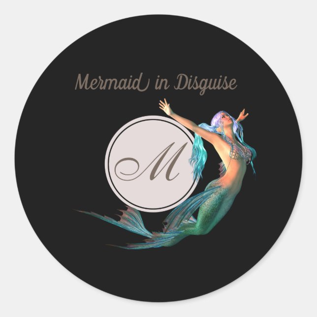 Mermaid Summer Monogram Black Modern Chic Classic Round Sticker (Front)