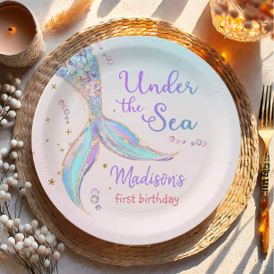Mermaid Summer Pool 1st Birthday Party Paper Plates