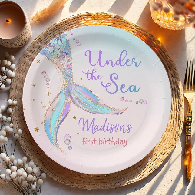 Mermaid Summer Pool 1st Birthday Party Paper Plates (Creator Uploaded)