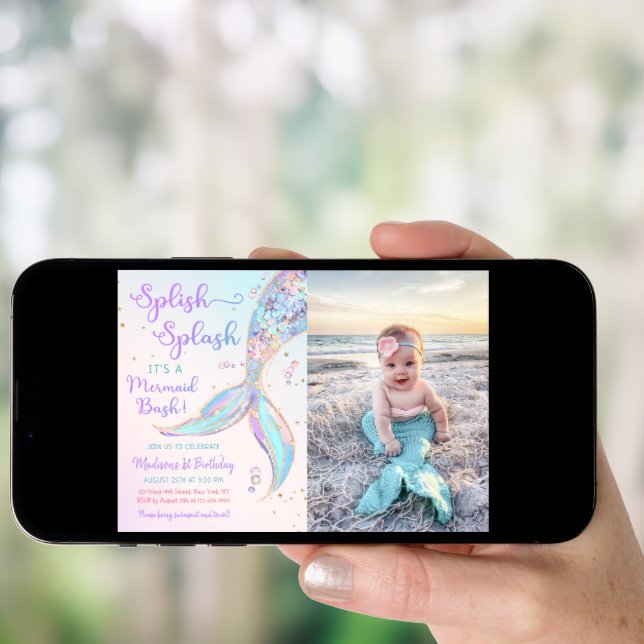 Mermaid Summer Pool 1st Birthday Party Photo Invitation (Front Digital)