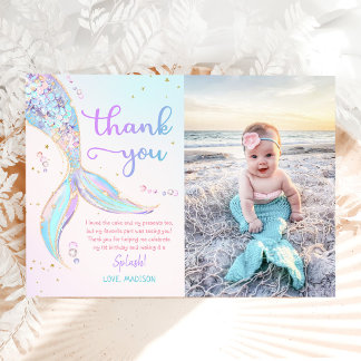 Mermaid Summer Pool 1st Birthday Party Photo Thank You Card