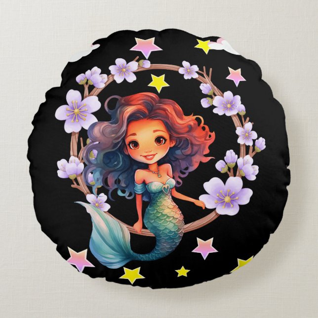 Mermaid surrounded with flowers round pillow (Front)