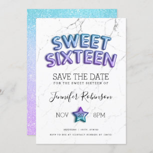 Mermaid Sweet 16 Save The Date Balloons Glitter Invitation