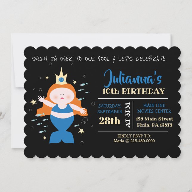 Mermaid Swim Pool Blue Sea Life Birthday Party Invitation (Front)