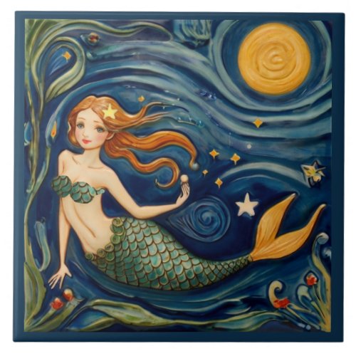 Mermaid Swimming Underwater Sea Ocean Fairytale Ceramic Tile