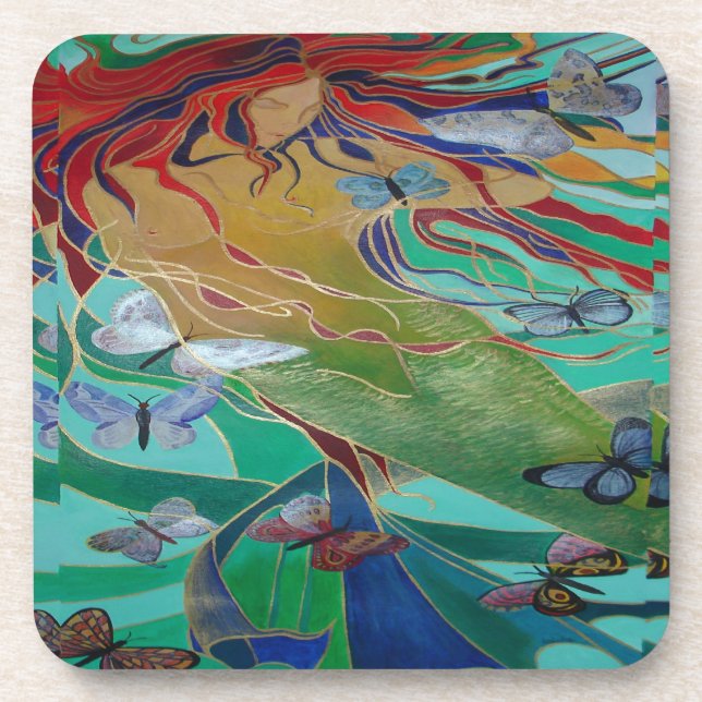 Mermaid Swimming with Butterflies Fantasy Art Drink Coaster (Front)