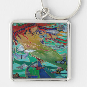 Mermaid Swimming with Butterflies Fantasy Art Keychain
