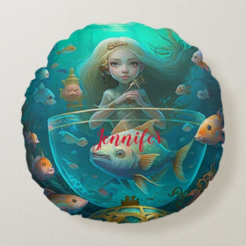 Mermaid swimming with fish custom   round pillow