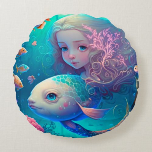 Mermaid swimming with fish  cute round pillow