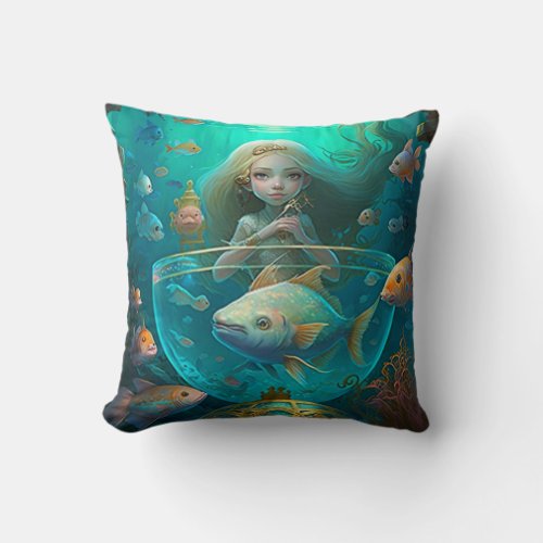 Mermaid swimming with fish  cute throw pillow