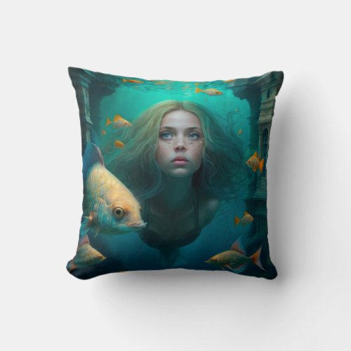 Mermaid swimming with fish  cute throw pillow