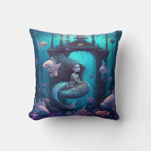 Mermaid swimming with fish  cute throw pillow