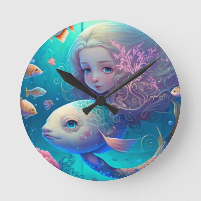 Mermaid swimming with fish  cute wall clock (Front)