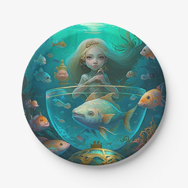Mermaid swimming with fish  cute wall clock paper  paper plates (Front)