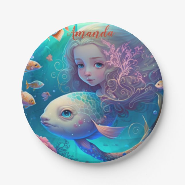 Mermaid swimming with fish  cute wall clock paper  paper plates (Front)