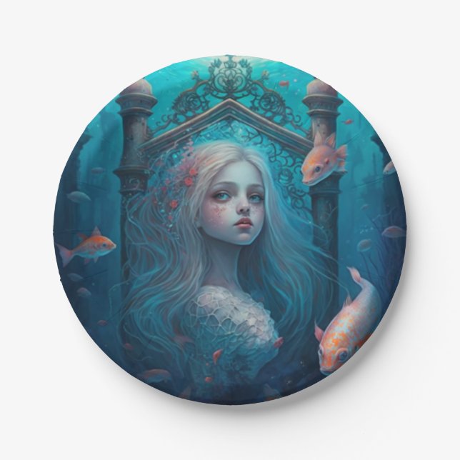Mermaid swimming with fish  cute wall clock paper  plates (Front)