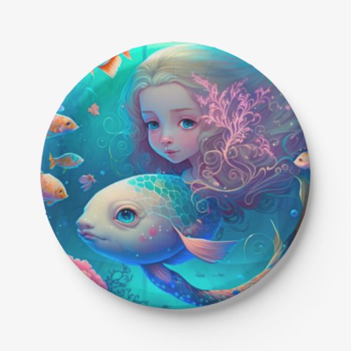 Mermaid swimming with fish  cute wall clock paper plates