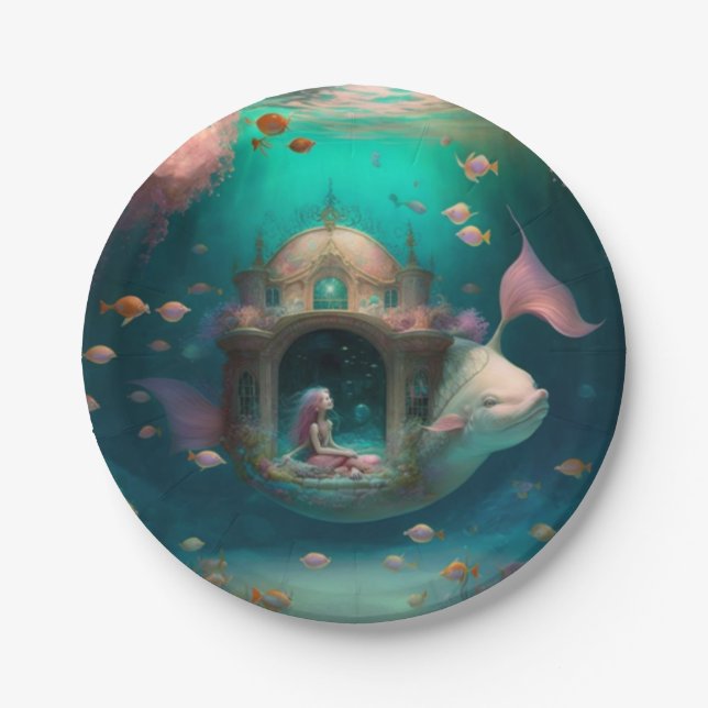 Mermaid swimming with fish  cute wall clock paper  plates (Front)