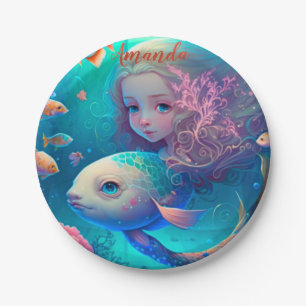 Mermaid swimming with fish  cute wall clock paper  plates