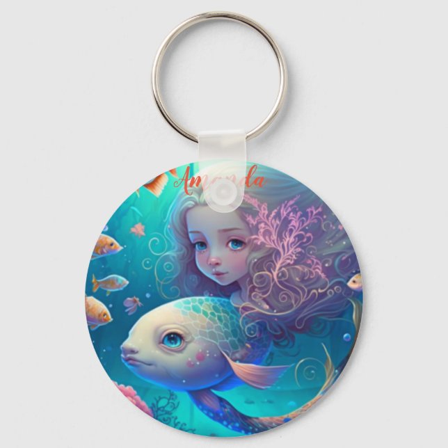Mermaid swimming with fish   keychain (Front)