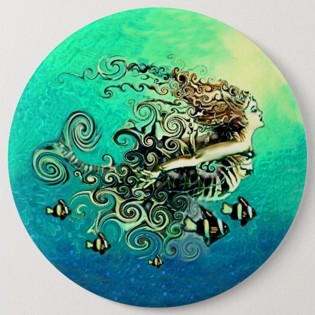 Mermaid Swimming with the Fish Pinback Button (Front)