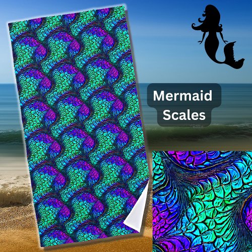 Mermaid Swirly Scales Aqua Blue Purple Pink Beach Towel