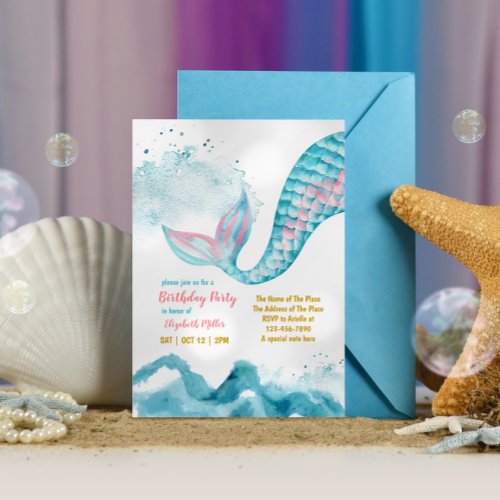 Mermaid Tail Baby Girl Theme Birthday Party Invitation
