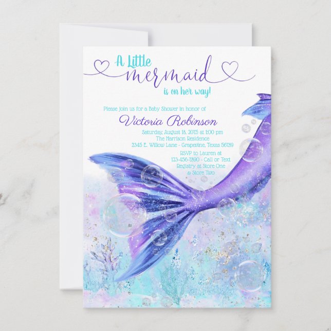 Mermaid Tail Baby Purple Teal Blue Baby Shower Invitation (Front)
