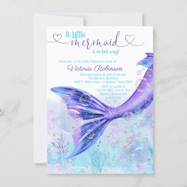 Mermaid Tail Baby Purple Teal Blue Baby Shower Invitation (Front)