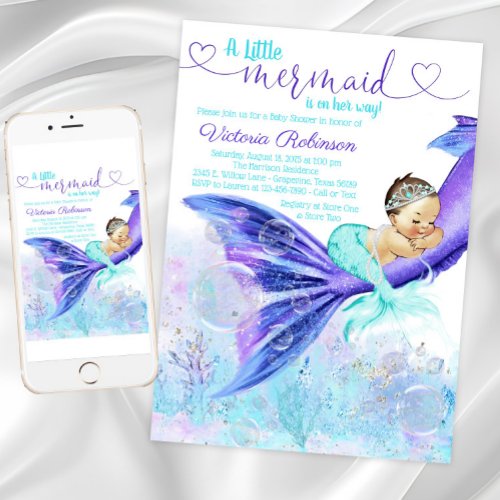 Mermaid Tail Baby Shower Brunette Mermaid Invitation
