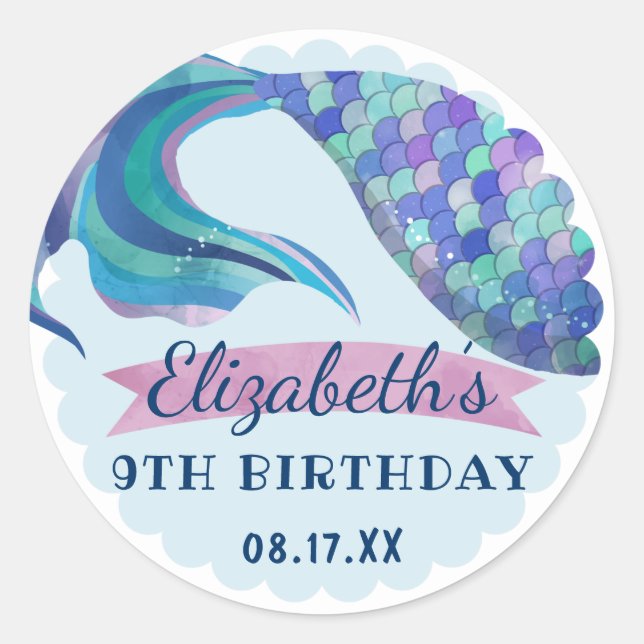 Mermaid Tail  Background Birthday Party Classic Round Sticker (Front)
