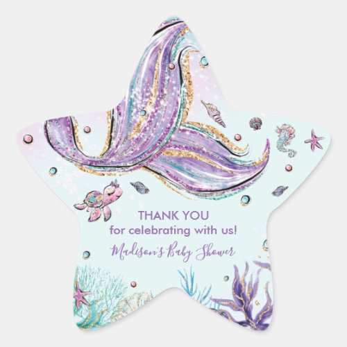 Mermaid Tail Birthday Baby Shower Thank You Favor Star Sticker